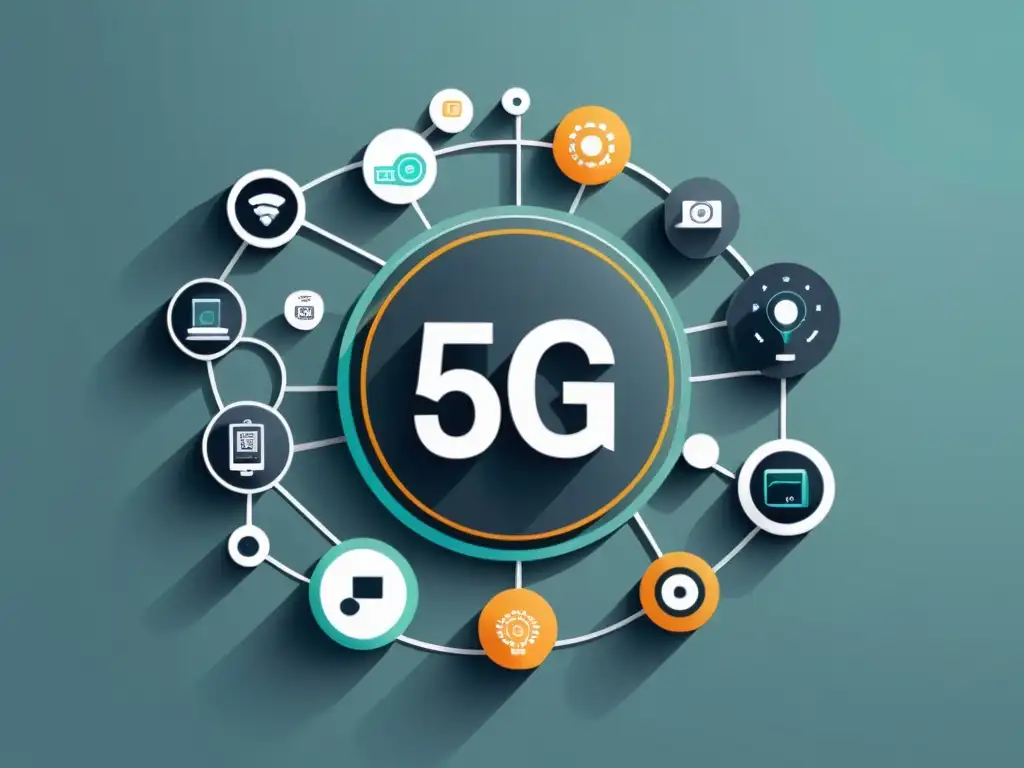 Ilustración minimalista de dispositivos interconectados, representando el ecosistema seguro y conectado de las normativas 5G IoT