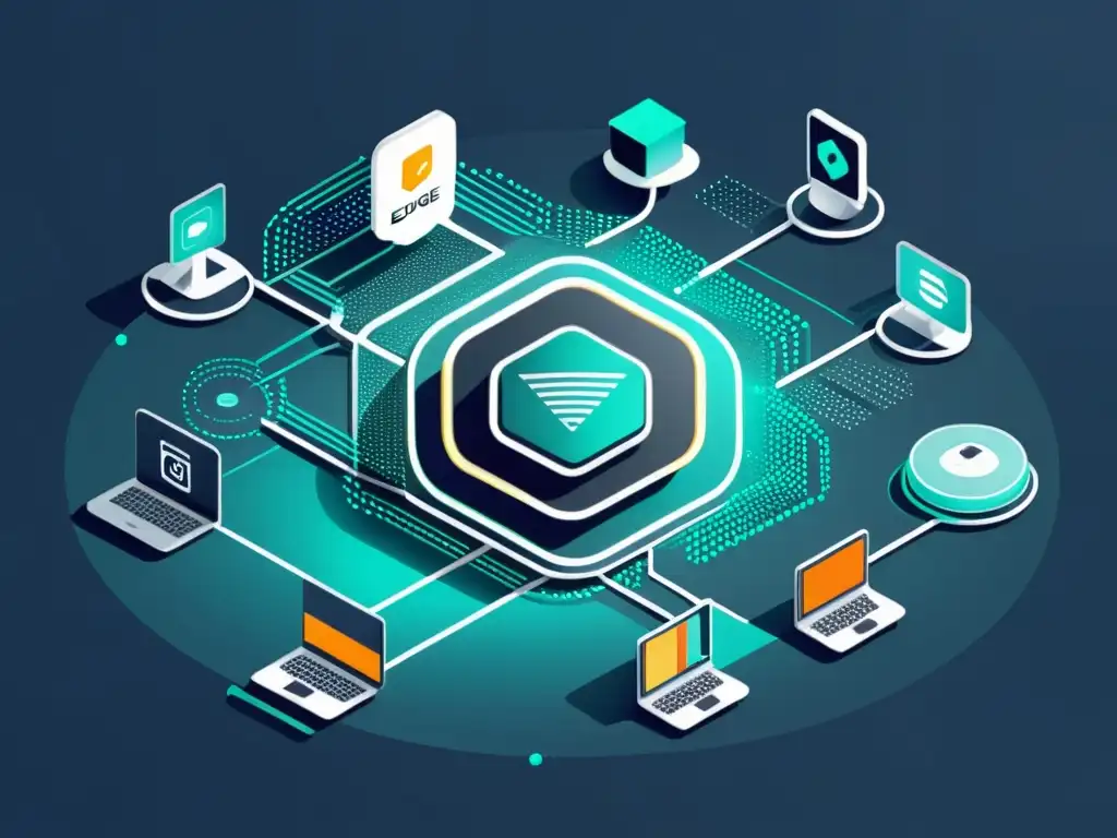 Una ilustración minimalista muestra dispositivos interconectados con énfasis en la ciberseguridad y tecnologías emergentes de Edge Computing