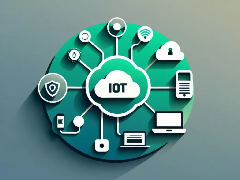 Una ilustración minimalista de dispositivos IoT interconectados, mostrando vulnerabilidades comunes