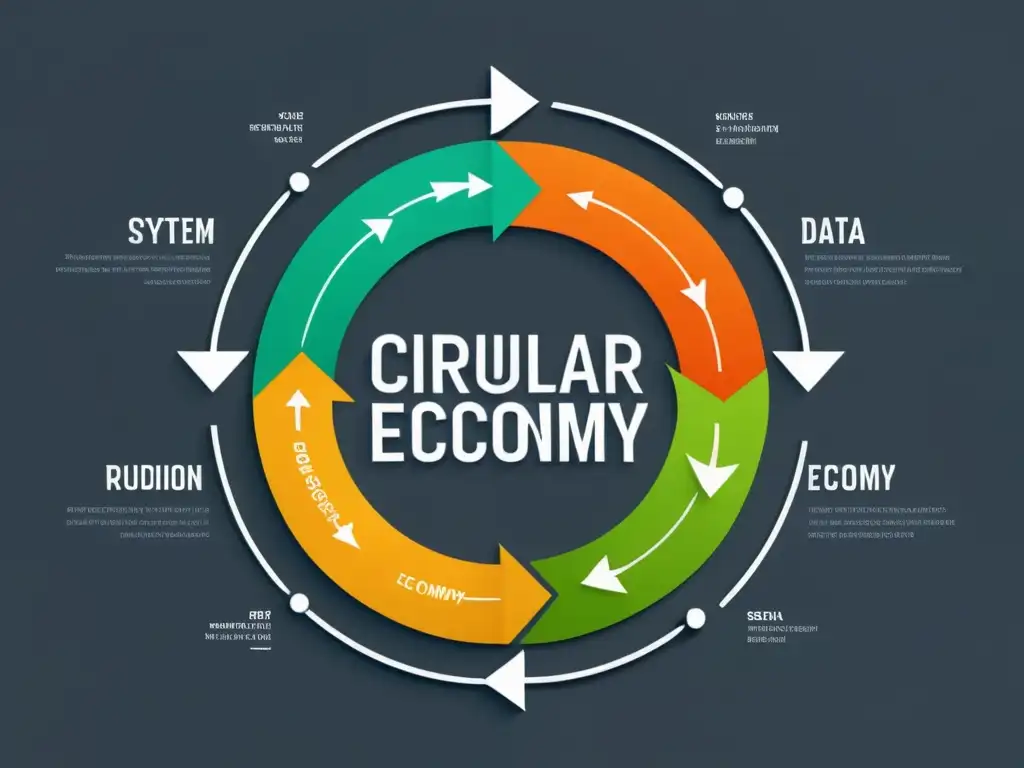 Representación gráfica minimalista de economía circular y big data, con flujo de recursos y datos entre etapas de producción y consumo