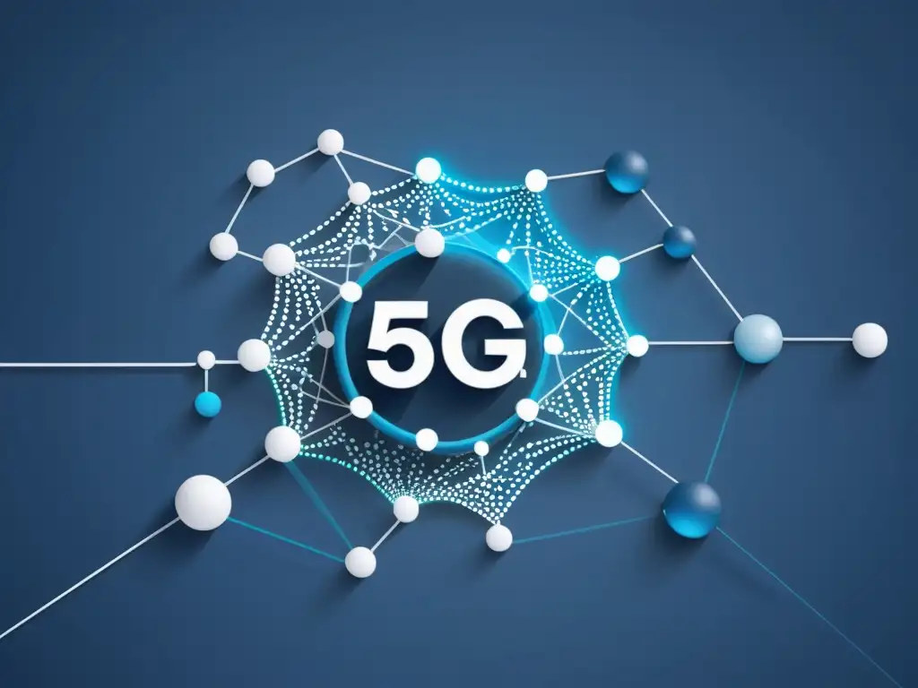 Una representación minimalista y futurista de una red 5G, con nodos interconectados y líneas nítidas que fluyen