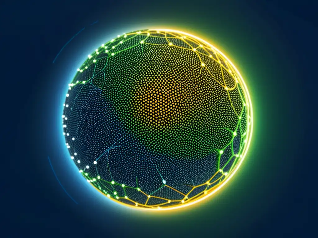 Una representación minimalista de un globo digital conectado por puntos de datos, creando una red compleja