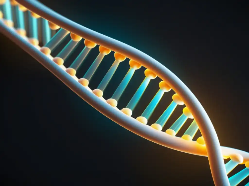 Una representación ultradetallada y minimalista de una hebra de ADN con un sutil brillo iridiscente