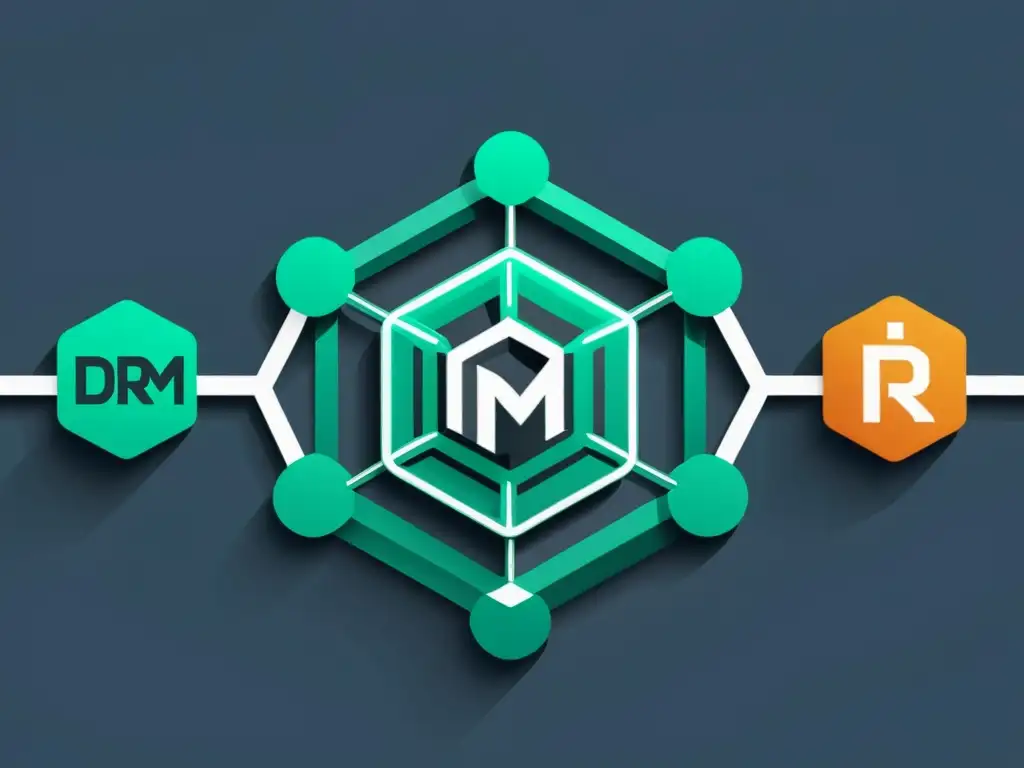 Ilustración minimalista de nodos de cadena de bloques con símbolos de DRM, destacando la gestión segura de activos digitales
