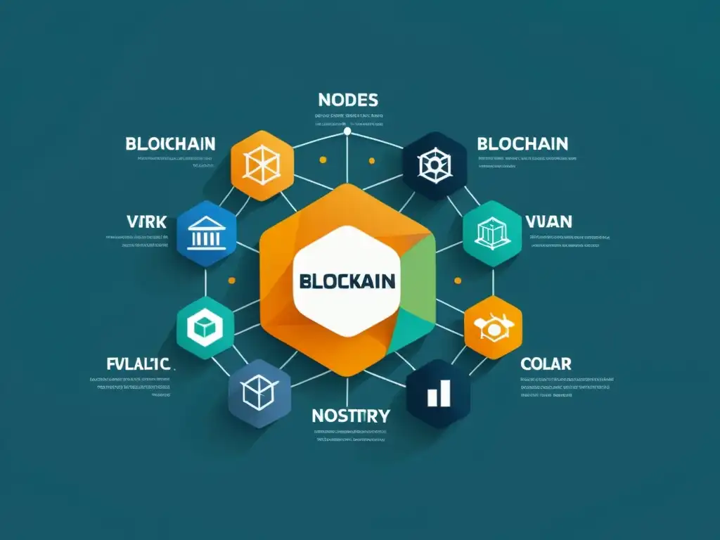 Representación gráfica minimalista de nodos interconectados, ilustrando aplicaciones innovadoras de Blockchain en industrias diversas