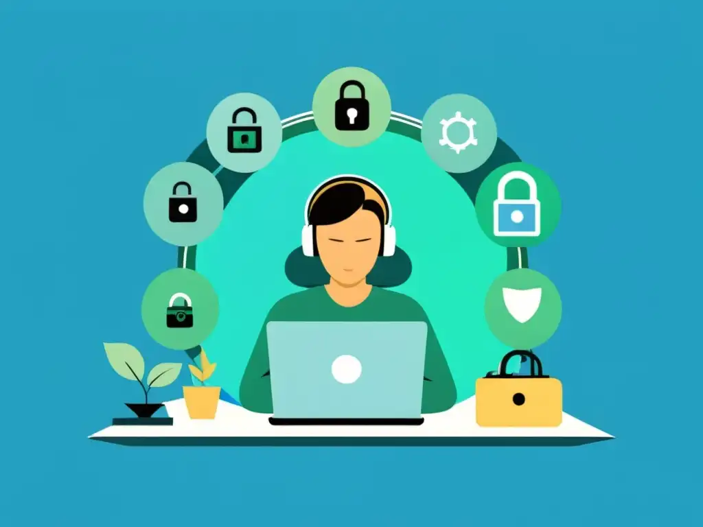 Ilustración serena sobre privacidad digital Ilustración minimalista de una persona frente a una computadora, rodeada de símbolos de privacidad digital