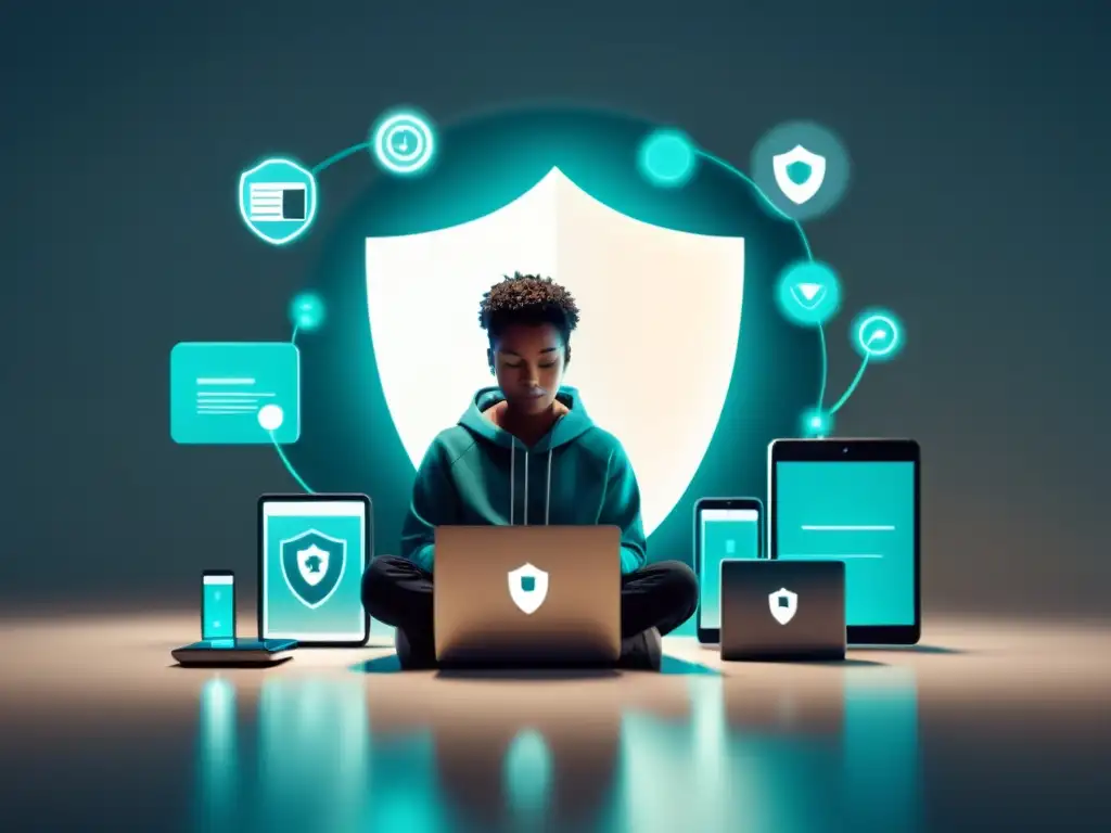 Privacidad digital: protección tranquila Ilustración minimalista de una persona rodeada de dispositivos digitales, protegiendo su información personal con un escudo que simboliza los derechos de privacidad digital de los usuarios