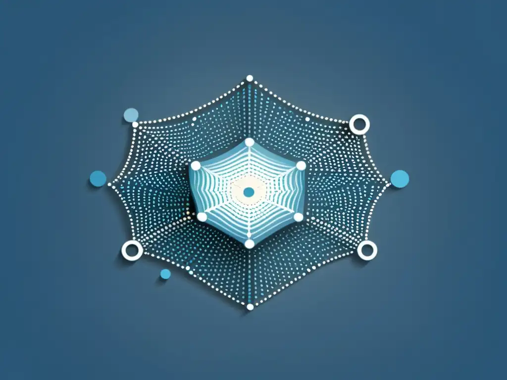 Una ilustración minimalista de puntos de datos interconectados formando una red, con un punto central que representa la toma de decisiones éticas en el Big Data