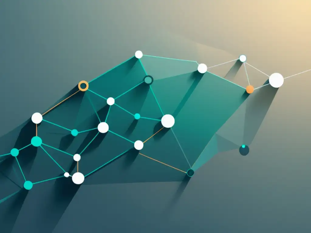 Representación gráfica minimalista de una red blockchain con nodos y conexiones, junto a datos transparentes