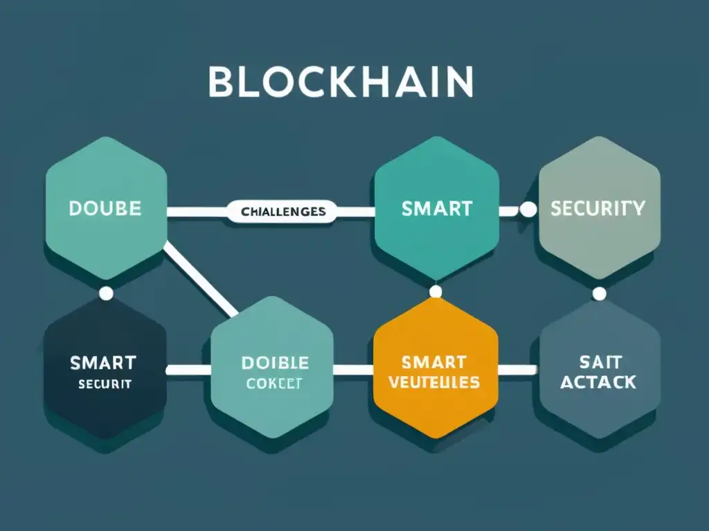 Representación minimalista de la red blockchain con desafíos de seguridad como 'doble gasto' y 'vulnerabilidades de contratos inteligentes