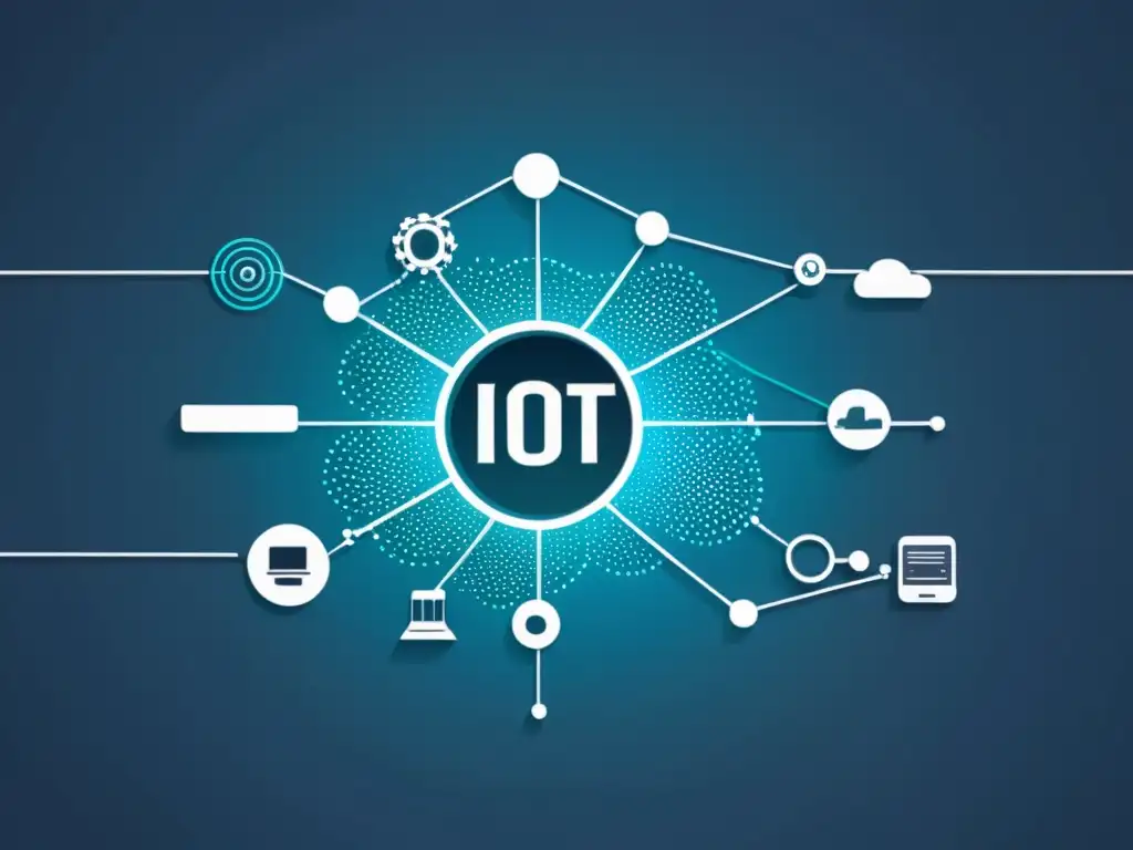 Una representación gráfica minimalista de una red de dispositivos IoT interconectados, transmitiendo un sentido de tecnología moderna y conectividad