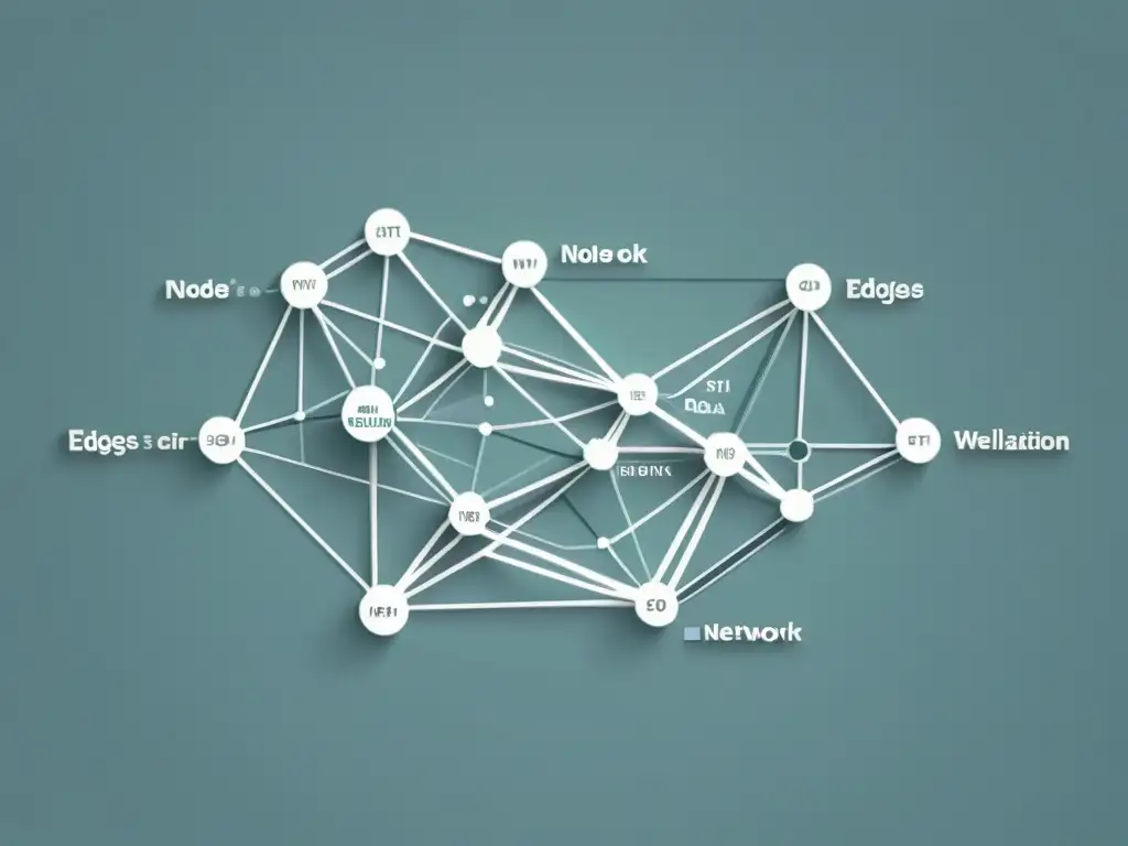 Una visualización minimalista de redes complejas con nodos interconectados y datos etiquetados, en un diseño moderno y elegante