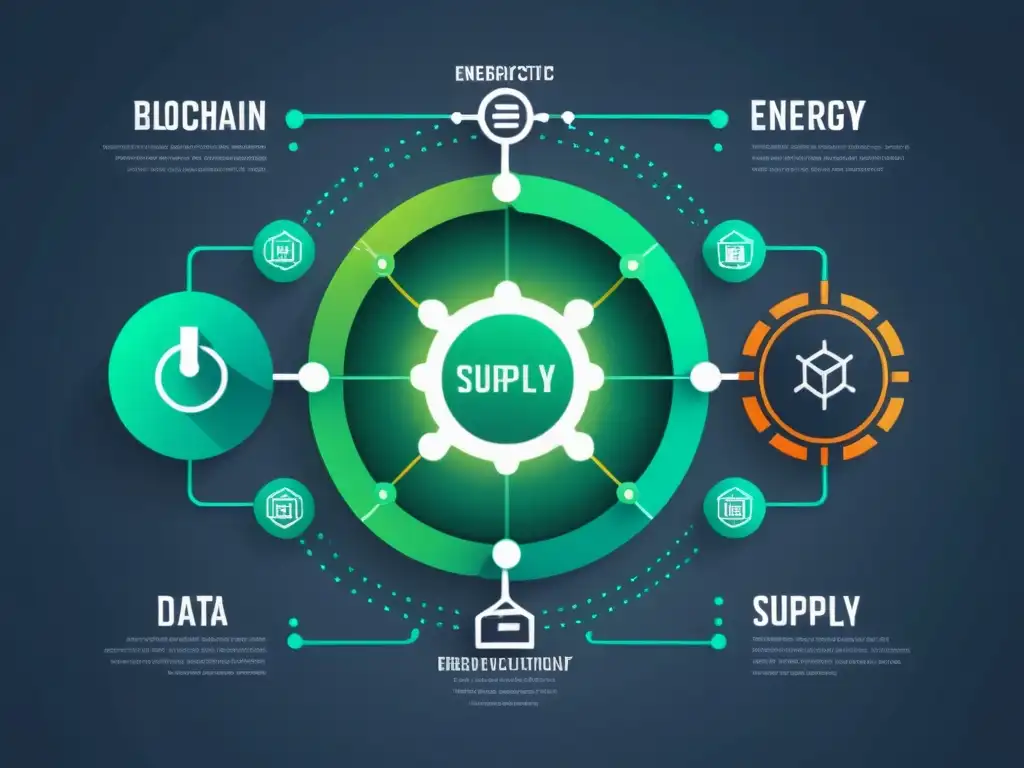 Una ilustración minimalista de alta resolución muestra una cadena de suministro energético futurista, con nodos interconectados y puntos de datos vinculados por tecnología blockchain