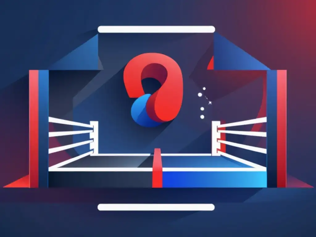 Ilustración minimalista de un ring de boxeo con esquinas roja (Python) y azul (R), rodeado de gráficos estadísticos