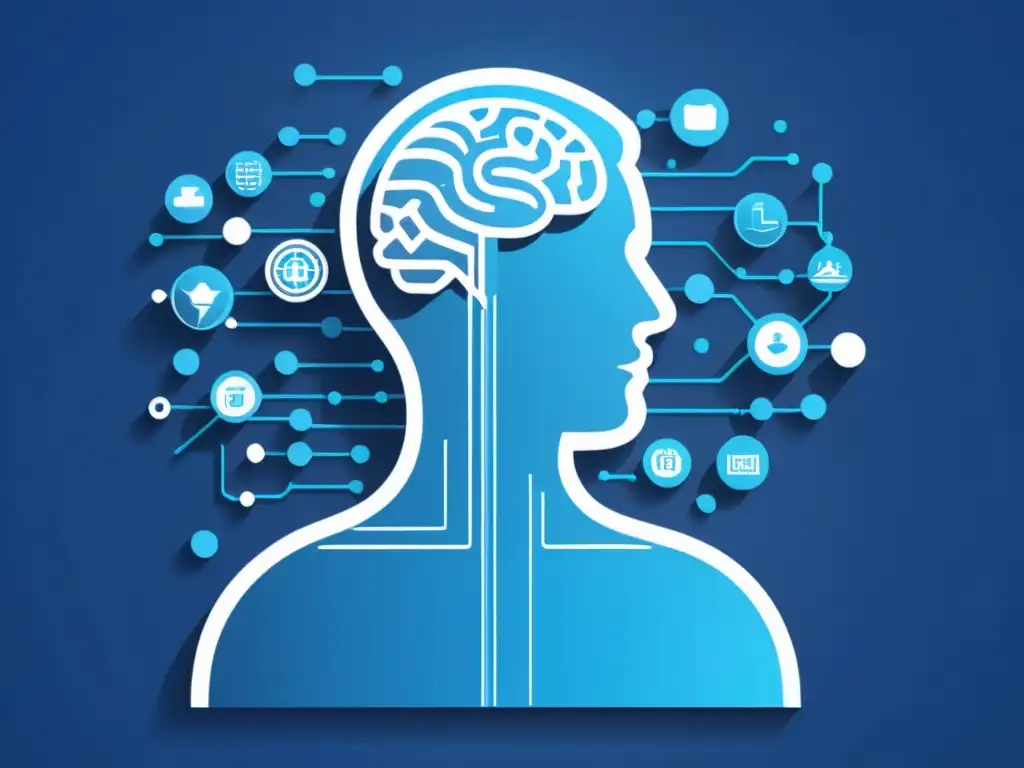 Ilustración futurista: Integración de IA en prevención de diabetes Una ilustración minimalista muestra la silueta de una persona en un entorno futurista lleno de tecnología