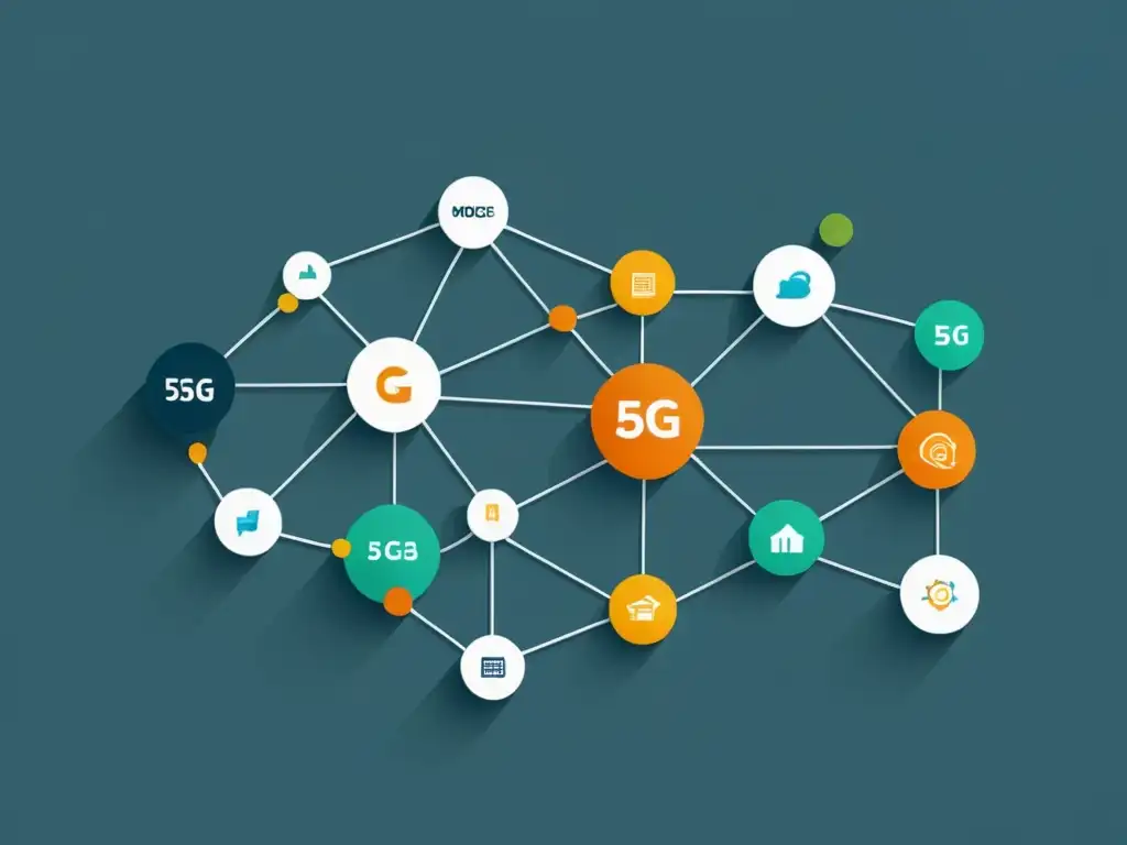 Representación gráfica minimalista de un sistema de nodos interconectados con flujo de datos en tiempo real, simbolizando el análisis del comportamiento estudiantil en tiempo real mediante tecnología 5G