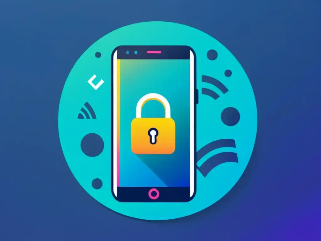 Minimalista ilustración de smartphone con símbolos de seguridad, representando la importancia de la ciberseguridad para adolescentes en TikTok