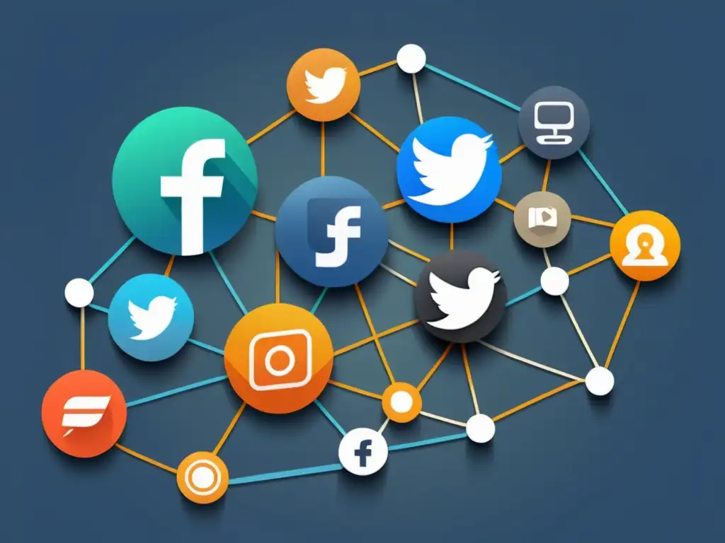 Redes Sociales Interconectadas: Análisis Visual Una representación minimalista y sofisticada de una red de nodos interconectados, con íconos de redes sociales