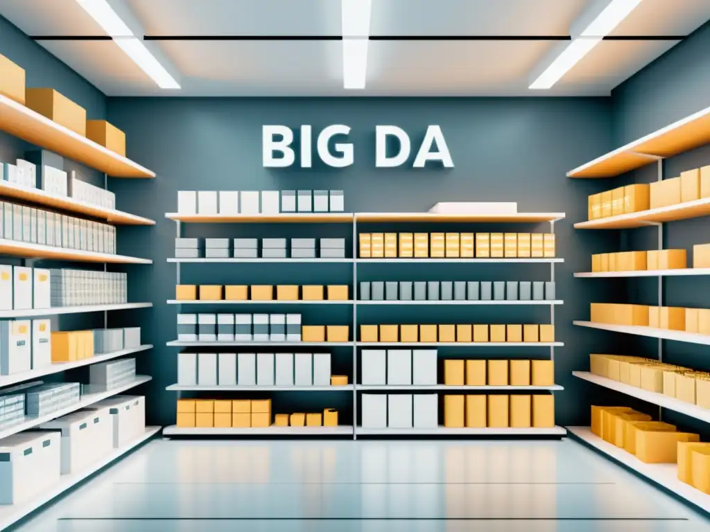 Ilustración minimalista de tienda con estantes surtidos y gráficos de datos, resaltando el rol del Big Data en personalización