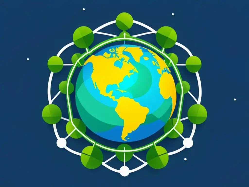 Ilustración minimalista de la Tierra rodeada de nodos de blockchain y fuentes de energía verde, simbolizando las iniciativas globales para combatir cambio climático con Blockchain