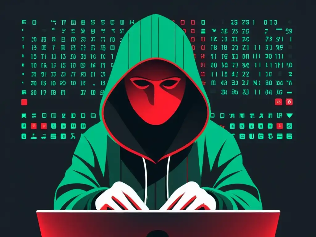 Un misterioso hacker manipula hábilmente un teclado frente a un monitor, rodeado de código y símbolos de seguridad digital