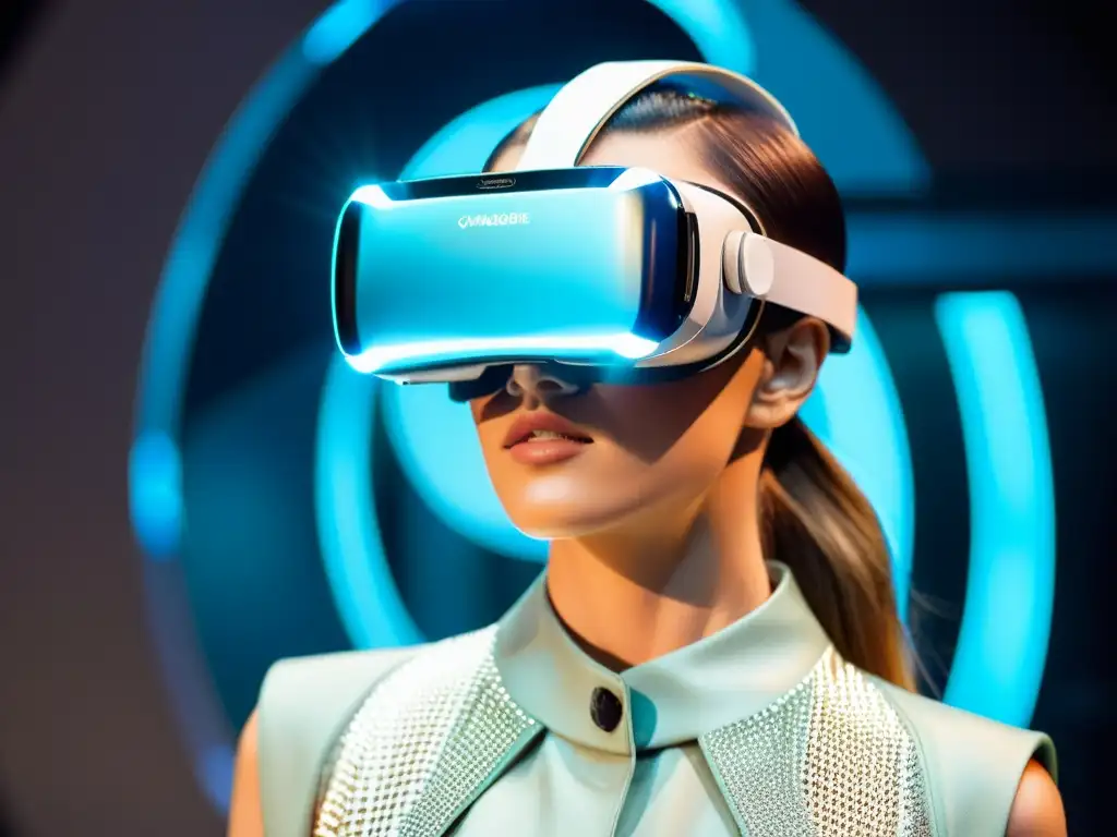 Un modelo asombrado usando un visor de realidad virtual en una pasarela futurista