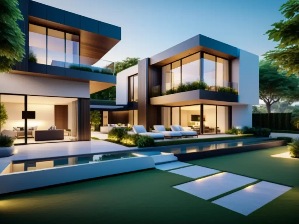 Modelo 3D en RA inmobiliaria: Representación 3D de un lujoso desarrollo inmobiliario moderno, con arquitectura elegante y exuberante paisajismo