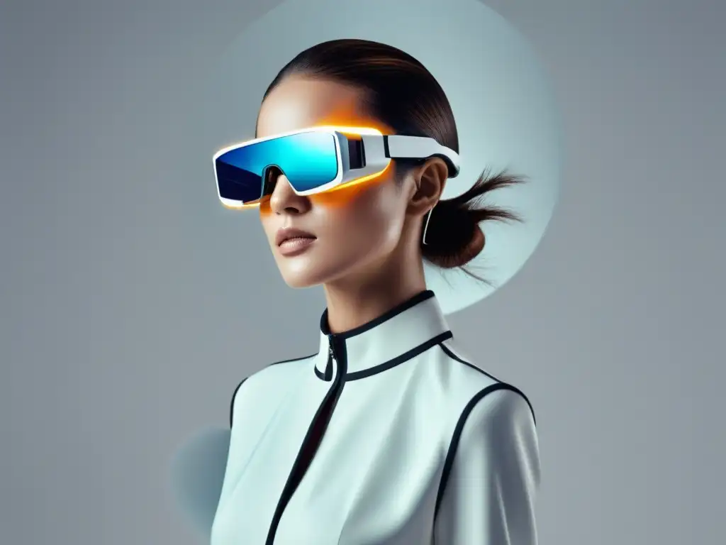 Modelo de moda con gafas de realidad aumentada y ropa virtual, en un ambiente futurista