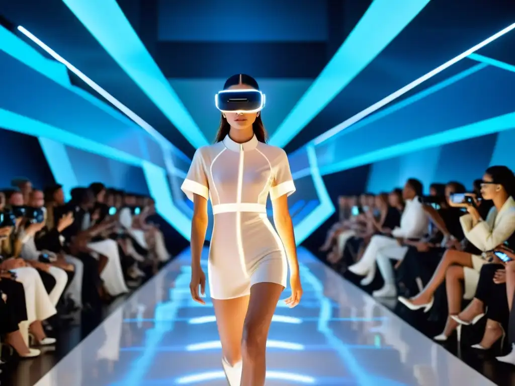 Un modelo de moda desfila en una pasarela futurista rodeado de elementos de realidad virtual y proyecciones holográficas de diseños de ropa