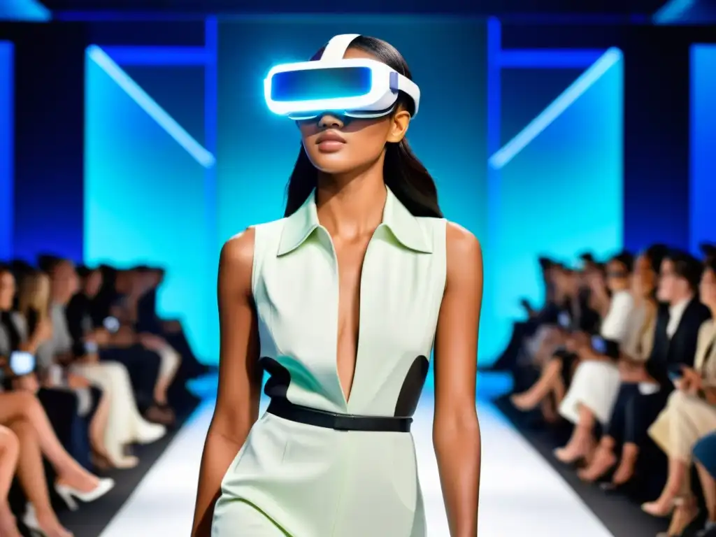 Una modelo desfila en una pasarela con tecnologías de realidad aumentada en eventos de moda, fusionando sofisticación e innovación