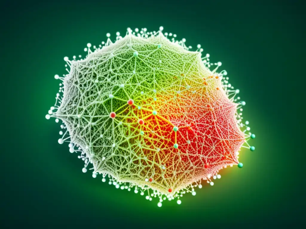 Modelos de IA para predecir epidemias: Visualización detallada de una red de puntos de datos interconectados que representan la propagación de una enfermedad, con colores que van de verde a rojo según la tasa de infección