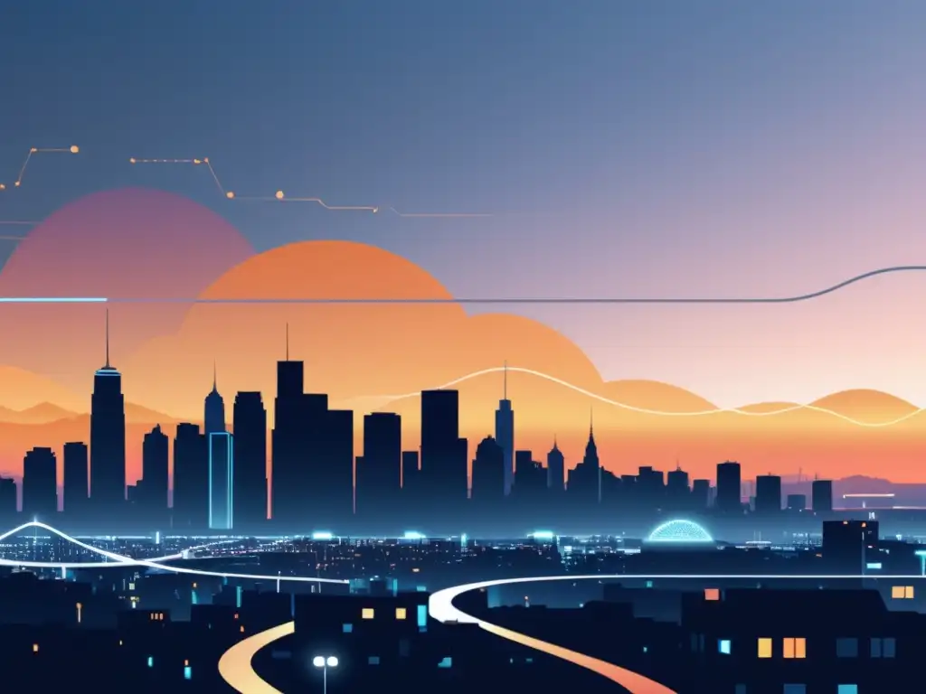 Modelos de IA para predecir epidemias: Ilustración digital minimalista de ciudad futurista con infraestructura urbana entrelazada por flujos de datos luminosos al atardecer