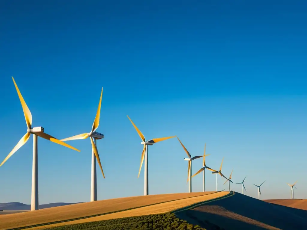 Modelos predictivos energía renovable sostenible: Molinos de viento futuristas capturando el sol dorado en un paisaje impecable