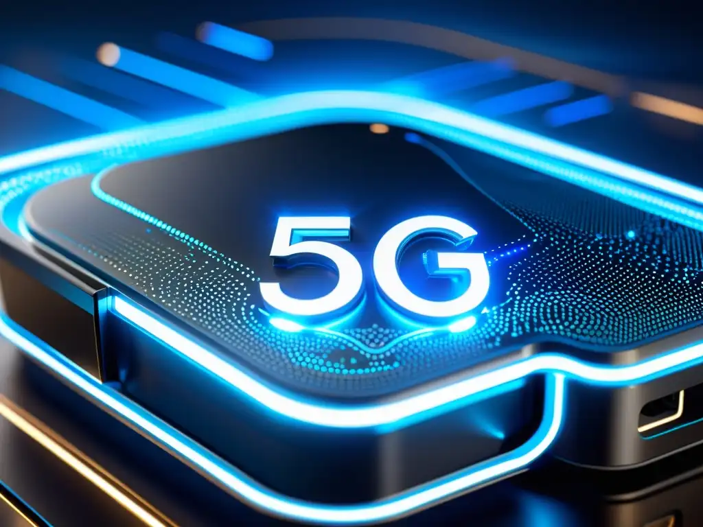 Modem 5G con circuitos iluminados y datos en movimiento, simbolizando la velocidad y eficiencia de la revolución tecnológica 5G