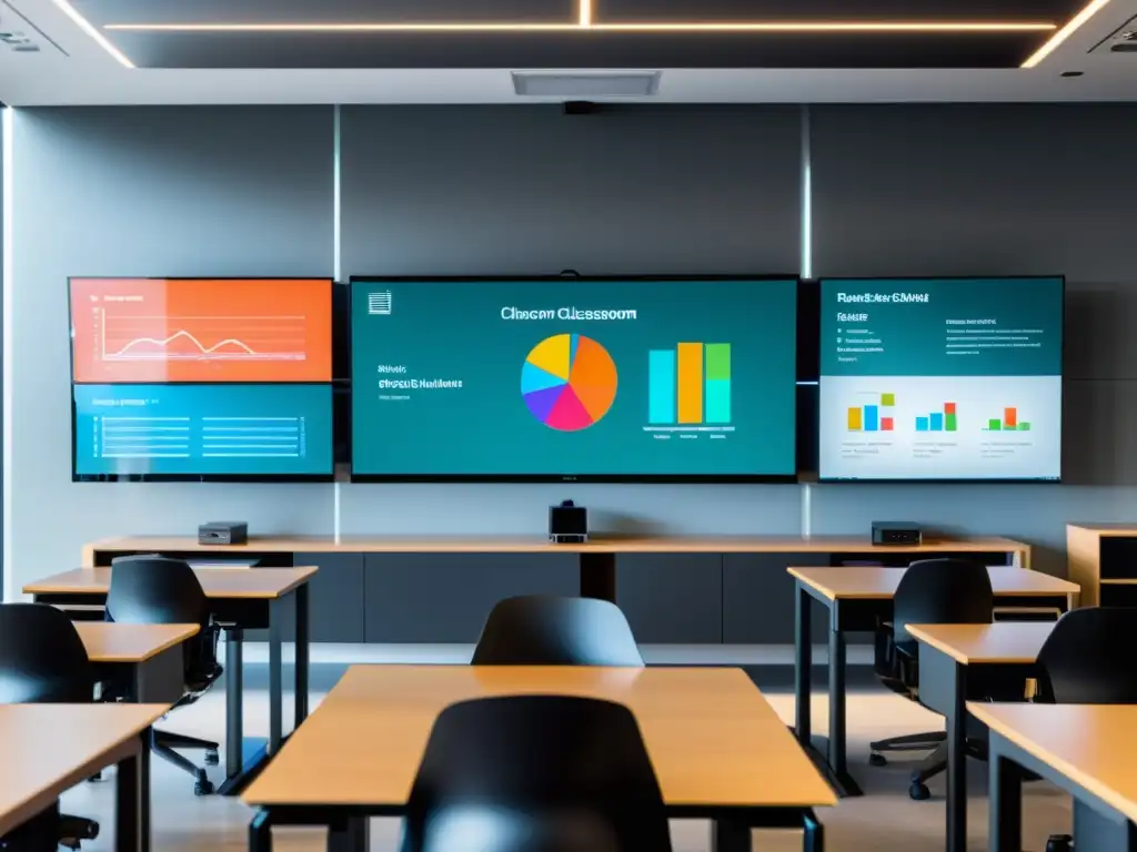 Una moderna aula minimalista con visualización de datos en educación en pantalla central, gráficos dinámicos y ambiente profesional