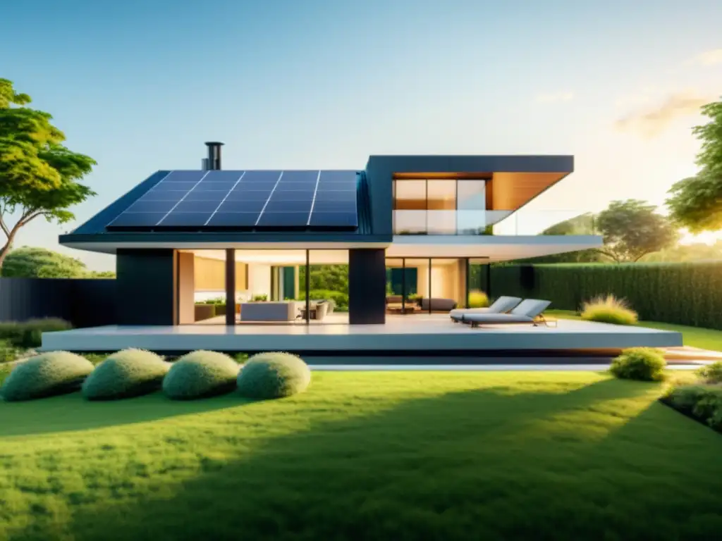 Una moderna y elegante casa inteligente con paneles solares y paisaje exuberante