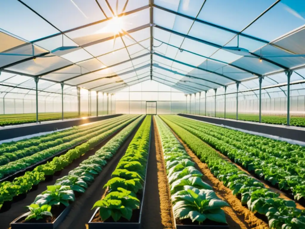 Una moderna instalación de invernadero con cultivos verdes, iluminada por el sol