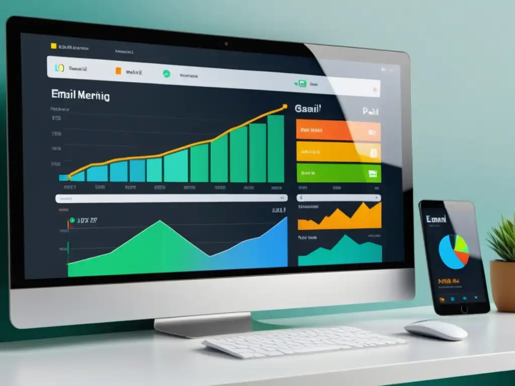 Una moderna pantalla muestra un elegante panel de analítica predictiva en email marketing, con visualizaciones de datos vibrantes y dinámicas