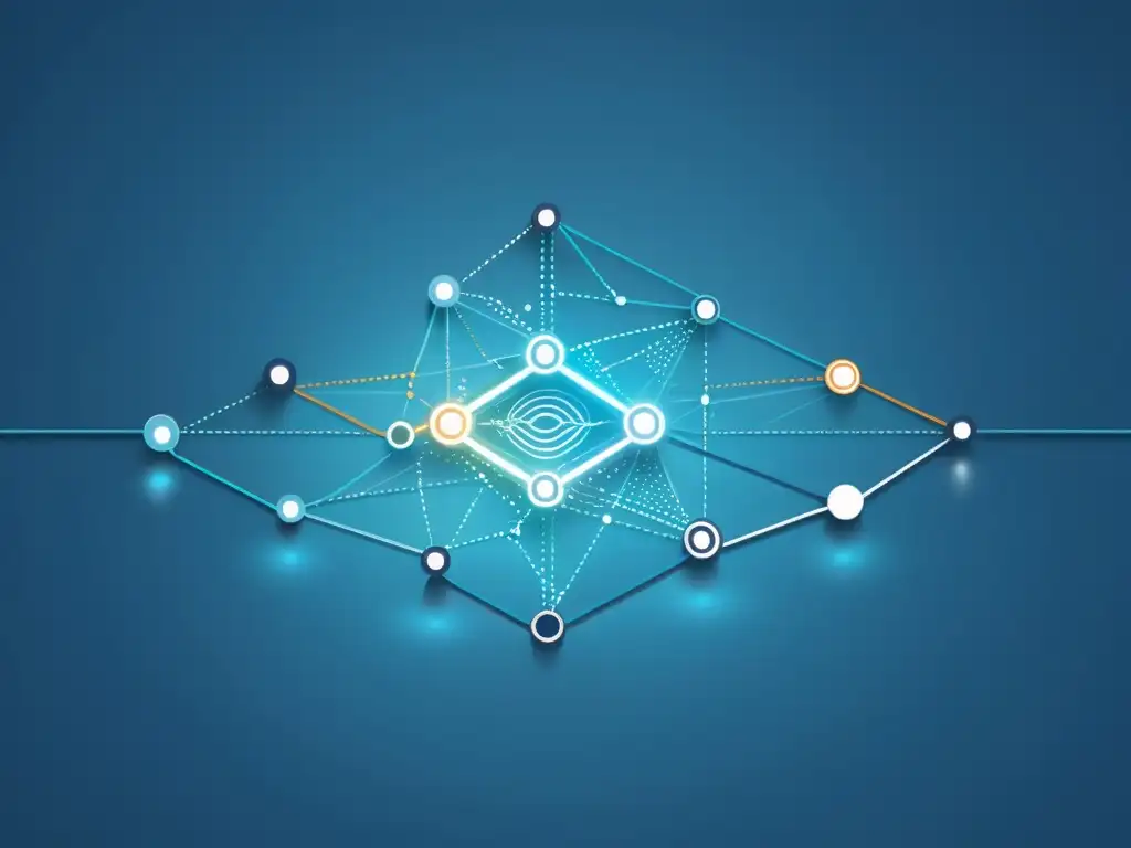 Representación gráfica moderna y sofisticada de la transformación del negocio mediante Big Data, con líneas y puntos de datos interconectados en tonos de azul y acentos metálicos