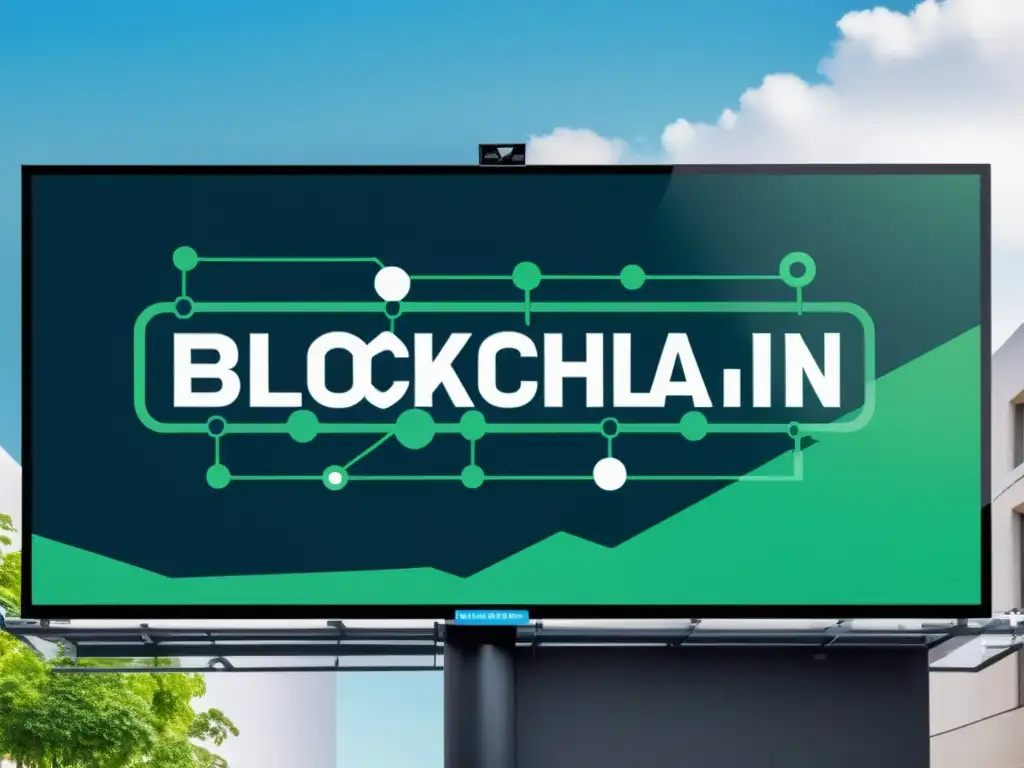 Un moderno cartel publicitario con una red de blockchain transparente, simbolizando las ventajas de aplicar Blockchain en publicidad