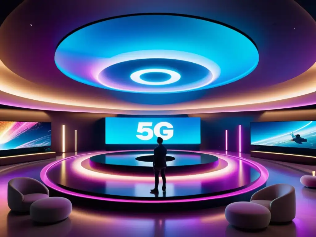 Un moderno centro de entretenimiento del futuro con tecnología 5G integrada, ofreciendo nuevos formatos de entretenimiento inmersivo