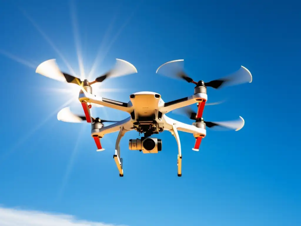 Un moderno dron industrial blanco sobrevolando el cielo azul, destacando su eficiencia y tecnología avanzada