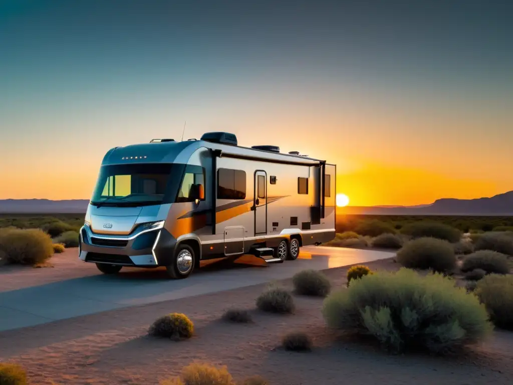 Un moderno RV en un escenario natural al atardecer, reflejando la paleta de colores del entorno