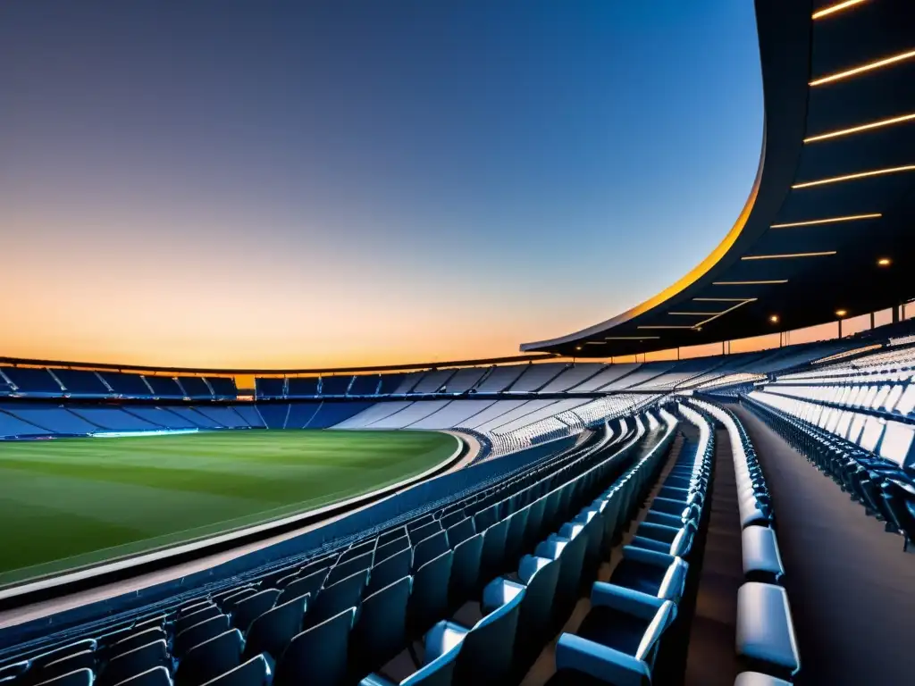 Un moderno estadio deportivo iluminado de noche, con líneas nítidas y ángulos destacados