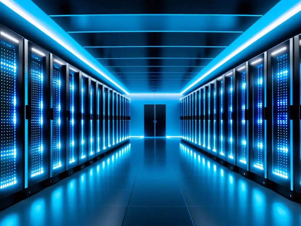 Un data center moderno y futurista con servidores iluminados, proyectando una atmósfera de tecnología puntera