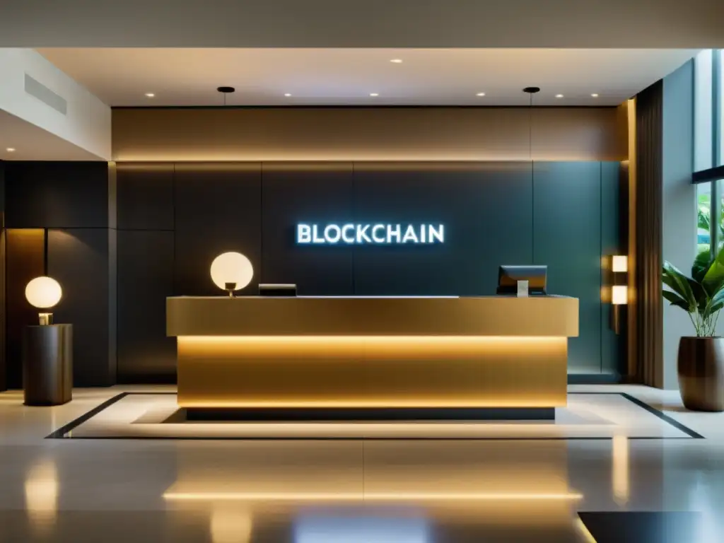 Moderno lobby de hotel con aplicaciones de blockchain en turismo, sofisticado y eficiente, integrando tecnología blockchain sutilmente en el ambiente