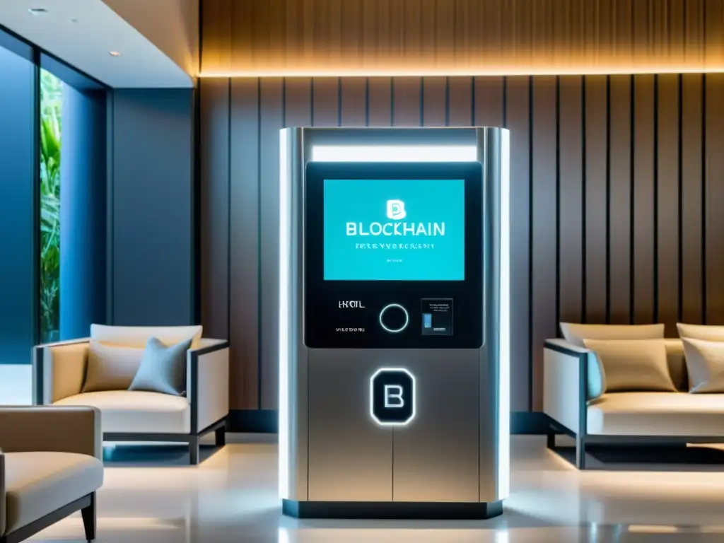 Moderno lobby hotel con innovador kiosco de checkin blockchain