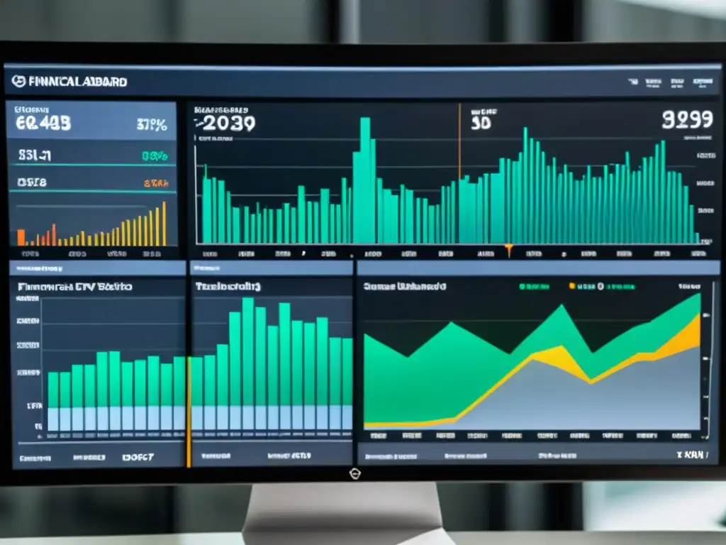 Un moderno panel de análisis de datos financieros, con visualizaciones dinámicas y un diseño minimalista que irradia innovación