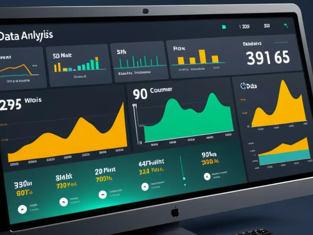 Un moderno panel de análisis de datos en 8K, muestra gráficos, modelos predictivos y visualizaciones dinámicas, con un diseño minimalista y futurista