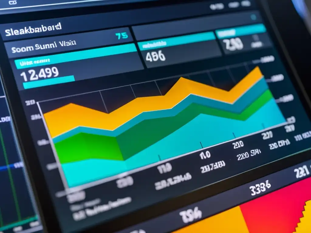 Un moderno panel de análisis de datos financieros con gráficos detallados y visualización en tiempo real sobre fondo oscuro